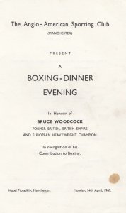 Manchester Bruce Woodcock Boxing 1969 Theatre Fight Dinner Menu Sports Boxing...