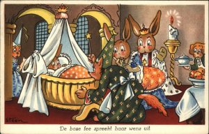 Netherlands Animal Fantasy Dressed Rabbits Wizard Magic Vintage Postcard