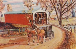 Two-Horse Team and Buggy at Covered Bridge - Amish Country PA, Pennsylvania