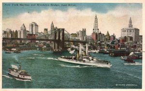 Vintage Postcard 1920's New York Skyline And Brooklyn Bridge Office Building NY