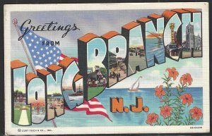 Large Letter: Greetings From Long Branch, N.J., Early Linen Postcard, Unused