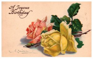 Birthday ,  Yellow , Pink, roses ,  artist signed