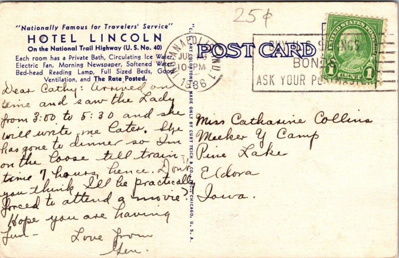 Hotel Lincoln Indianapolis Indiana Postcard 1966