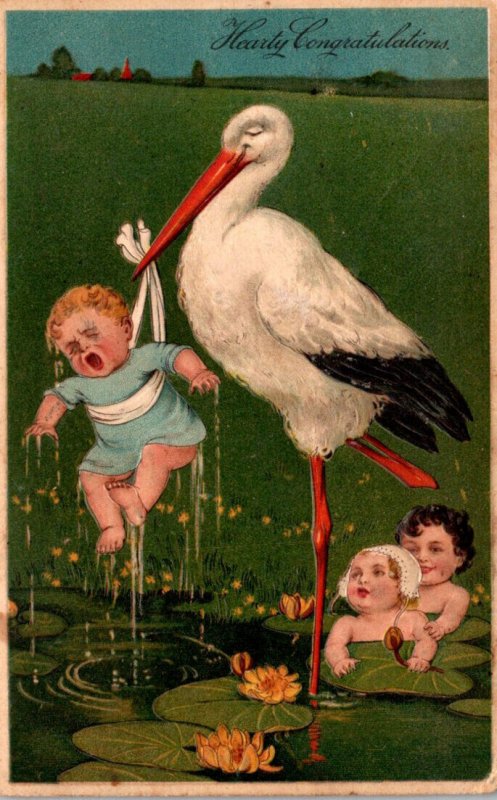 Birth Hearty Congratulatins Stork With Babies 1910