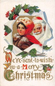 J71/ Santa Claus Christmas Postcard c1910 Girl Snow Holly 237