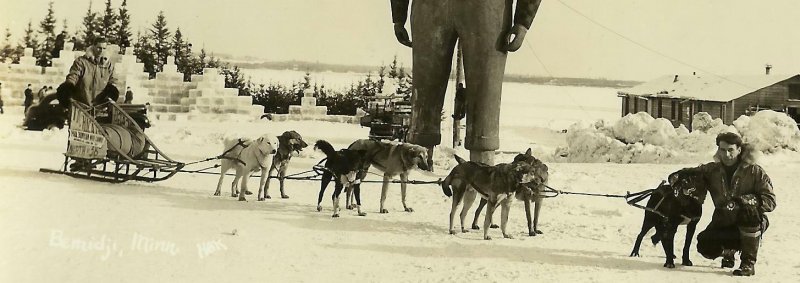 Bemidji MINNESOTA RP 1933 CROSS COUNTRY TRAVELER Dog Sled Ice Castle AUTOGRAPHED