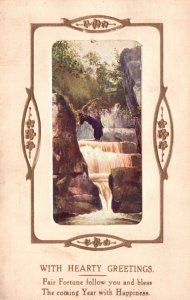 Postcard 1911 Fair Fortune Follow You & Bless With Hearty Greetings Waterfalls