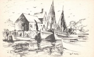 Vintage Postcard Fisherman's Wharf Dock Pier Sailboats Sketch Drawing Artwork