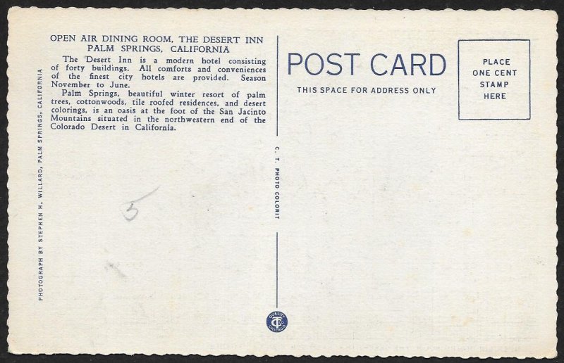 Open Air Dining Room Desert Inn Palm Springs California Unused c1931