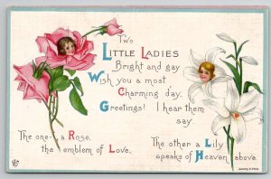 Humanized Flowers Little Ladies Rose And Lily A/S James Pitts Postcard J34