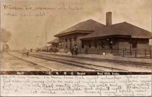 Red Oak Iowa~CB&Q Railroad Depot~Ladies on Platform~Train Arrives~1906 RPPC