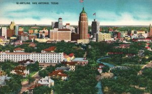 Vintage Postcard 1930's Airplane View Skyline Buildings Trees San Antonio Texas