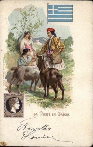 Mailman Mail Delivery Postage Stamps Around World GREECE GOATS c1900 Postcard