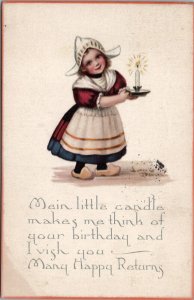 Birthday Greeting Dutch Girl Candle by Lyman Powell 1917 Fargo ND Postcard W15