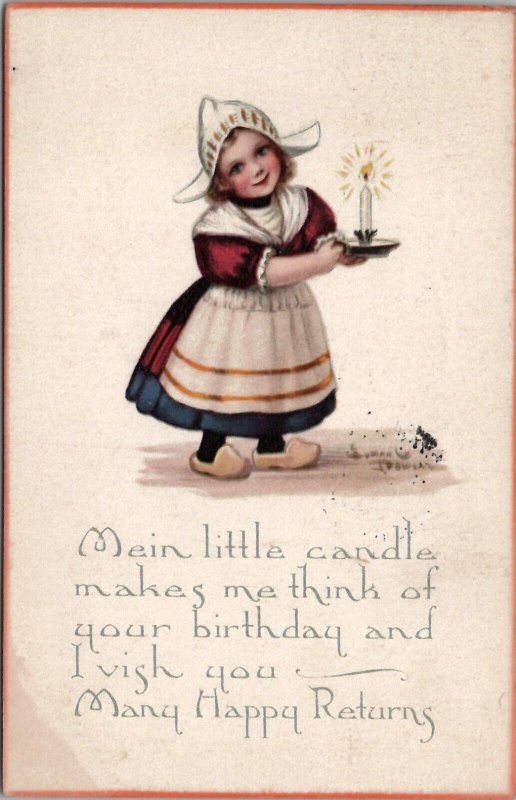 Birthday Greeting Dutch Girl Candle by Lyman Powell 1917 Fargo ND Postcard W15