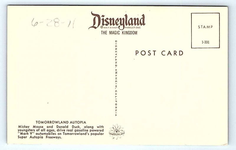 DISNEYLAND, CA  ~ Mickey Mouse AUTOPIA Donald Duck 1971 Tomorrowland Postcard