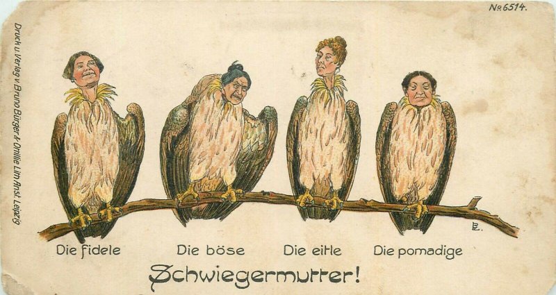 Comic mother-in-law eagle types caricature trimmed early postcard