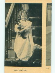 damaged by mis-cut c1910 GIRL HOLDING CUTE KITTEN CAT AC5423