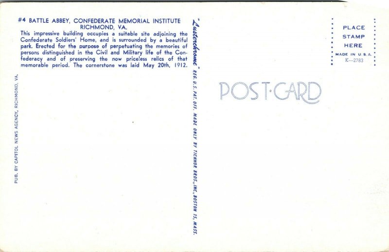 Richmond Virginia VA Battle Abbey Confederate Memorial Institute Postcard 