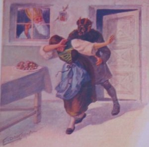 Early Krampus St Nicholas Woman Scared Antique Vintage Christmas Postcard AK