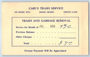 1958 Trash Garbage Removal Carl's Trash Service Boise ID Advertising Postal Card