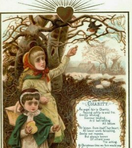 1870's-80's Victorian Card Charity Poem Children Feeding Birds P153