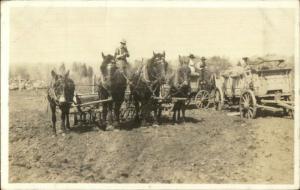 Farming Horse Team Plowing Field Wagons c1915 Real Photo Postcard