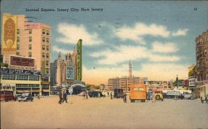 Jersey City New Jersey NJ Journal Square Bus Cars Street Scene Linen Postcard