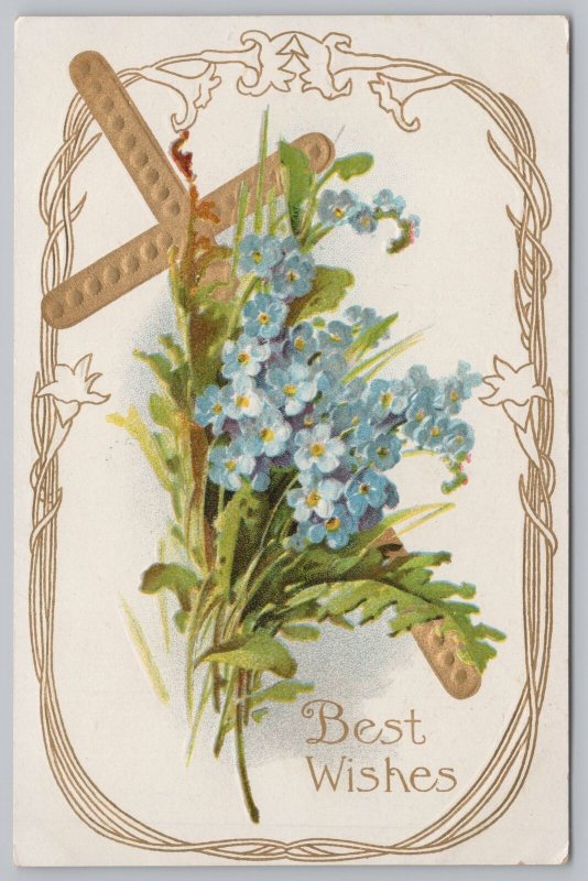 Blue Forget-Me-Nots On Gold Cross~Art Nouveau Lilies~Gold~Emb~Alcan Moss~Vtg PC 