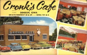 Denison Iowa IA Cronk's Caf� Multi-View Classic Cars Linen Vintage Postcard