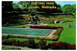 Greetings from Lincoln Nebraska Sunken Gardens Vintage Postcard Unused 0451