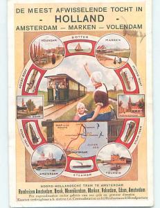 old postcard ad TRAIN RIDE Marken & Volendam & Amsterdam Netherlands F5477