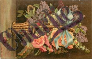 c1910 Postcard Large Letters Name Charlie over Floral Still Life, Glitter trim