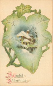 Christmas Postcard, Snowy House in Ivy Leaf, A Joyful Christmas, Divided Back