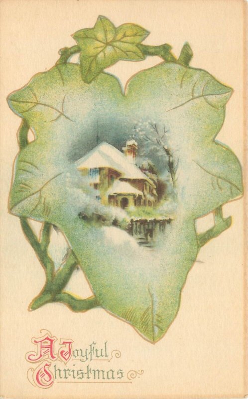 Christmas Postcard, Snowy House in Ivy Leaf, A Joyful Christmas, Divided Back