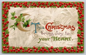 This Christmas Bring Joy~Holly Frame & Crescent Moon~Embossed~Vintage Postcard