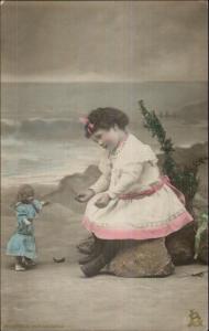 Little Girl & Baby Dolly at Beach c1910 Tinted Real Photo Postcard