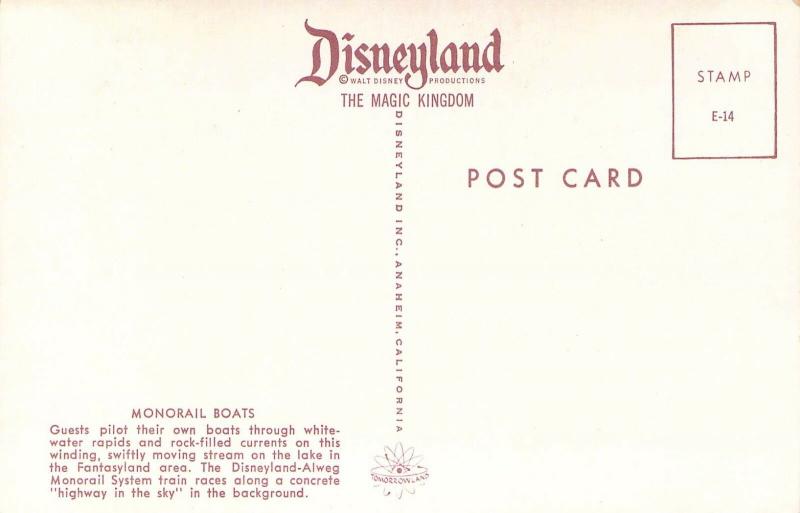 Disneyland, E-14,  Monorail, Boats , Vintage Postcard