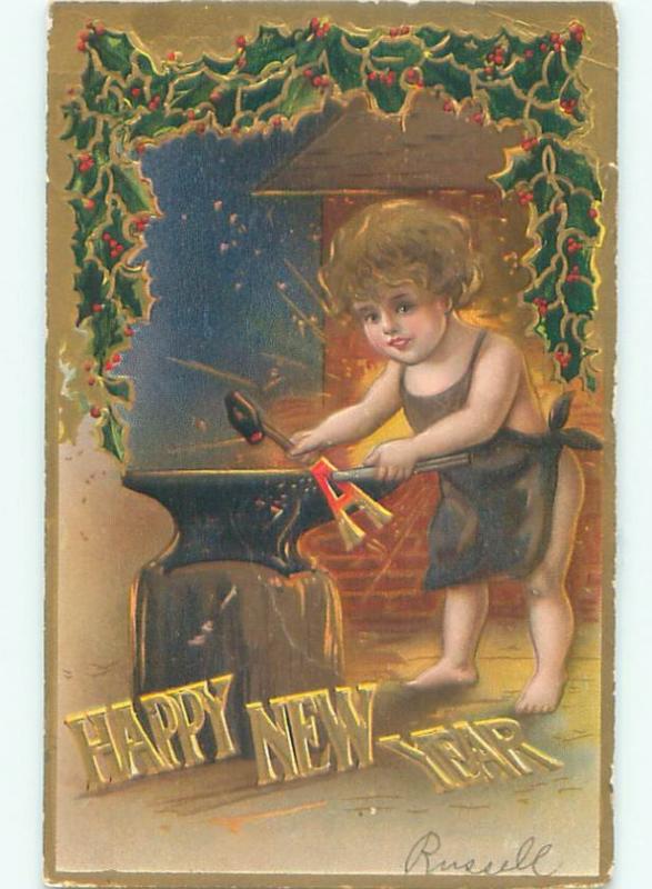 Pre-Linen New Year CUPID POUNDS ON BLACKSMITH ANVIL AB2558