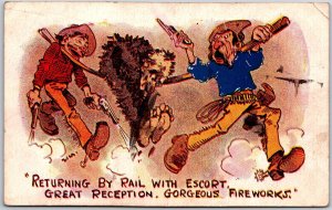 Men Firing Guns Running By Rail With Escort Comic Card Postcard