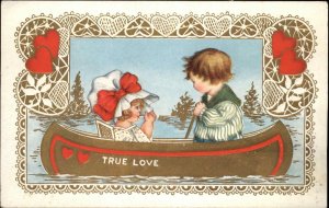 Whitney Valentine Little Boy and Girl in Canoe Canoeing c1910 Vintage Postcard