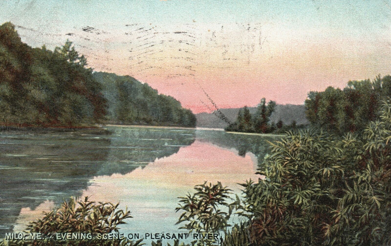 Vintage Postcard 1908 Evening Scene Pleasant River Milo Maine Hugh C