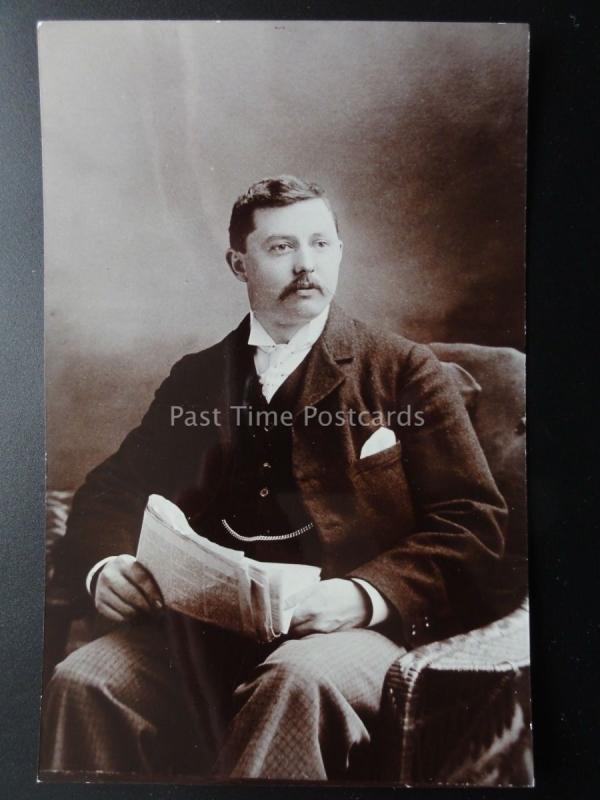 Studio Portrait: Gentleman with Mustache Reading Newspaper - Old RP Postcard