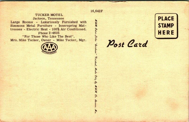 Jackson Tennessee TN Tucker Motel Highwy 45 North UNP Vtg Linen Postcard