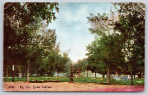 Pueblo Colorado~View Of Statues & Fountain @ City Park~Postmarked~Vtg Postcard