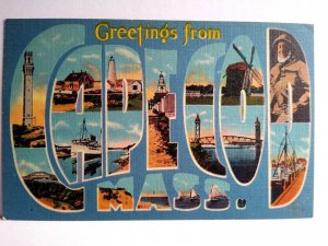 Greetings From Cape Cod Massachusetts Large Big Letter Linen Postcard Boats Mill