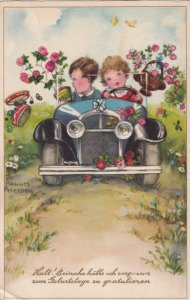 AS: Boy & Girl in convertable car, Potted Roses and Basket; PETERSEN, PU-1938