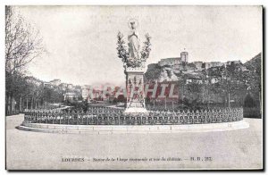 Old Postcard Lourdes Statue of crowned Virgin and views of the Castle