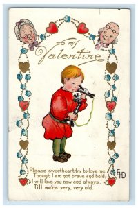 1912 Valentine Boy Talking Telephone Old Man Woman Hearts And Flowers Postcard 