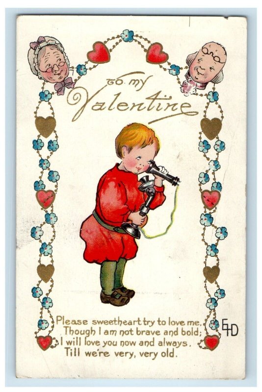 1912 Valentine Boy Talking Telephone Old Man Woman Hearts And Flowers Postcard